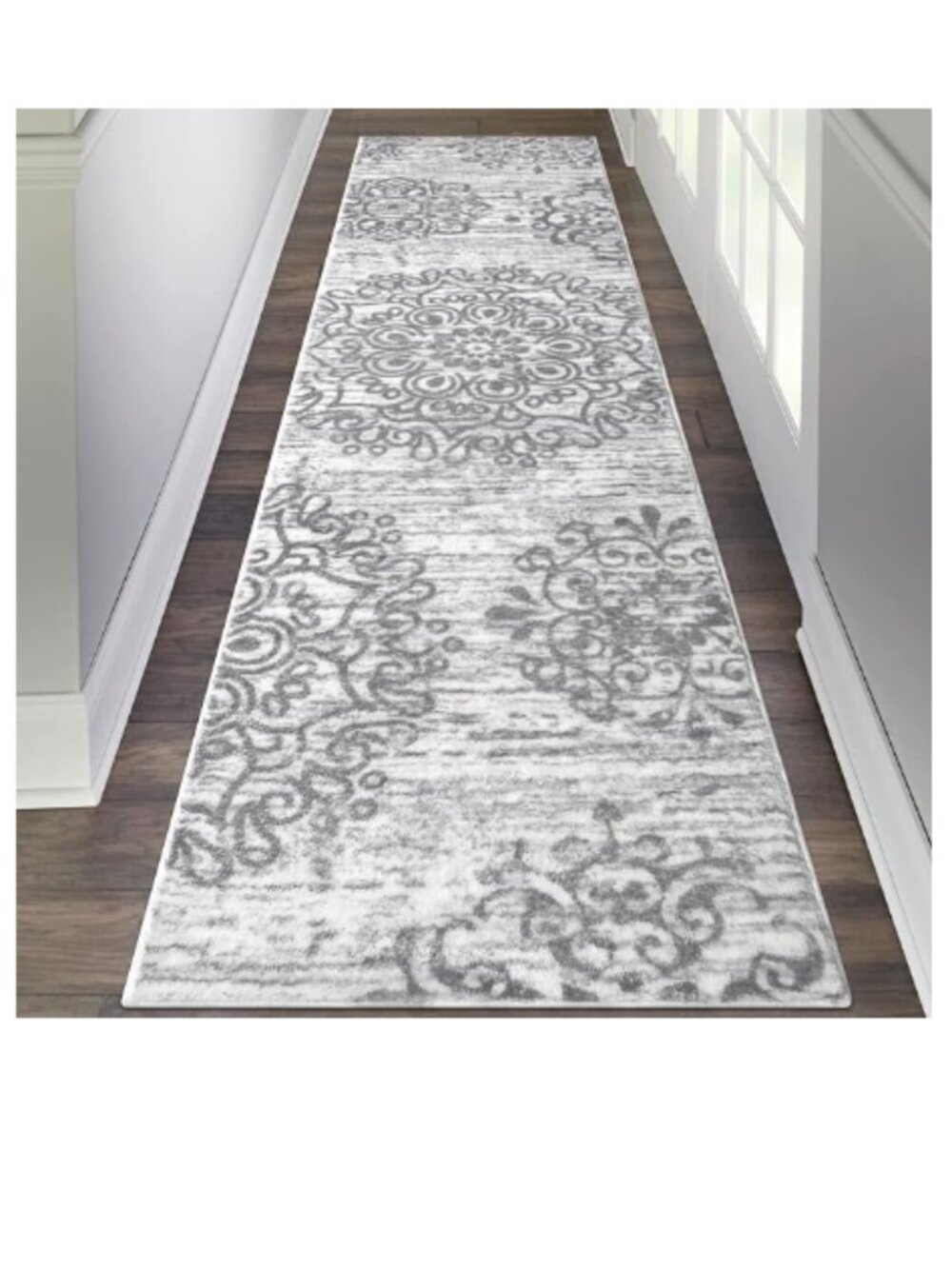 Gray & White Mandala Hallway Runner Rug 2'x8'